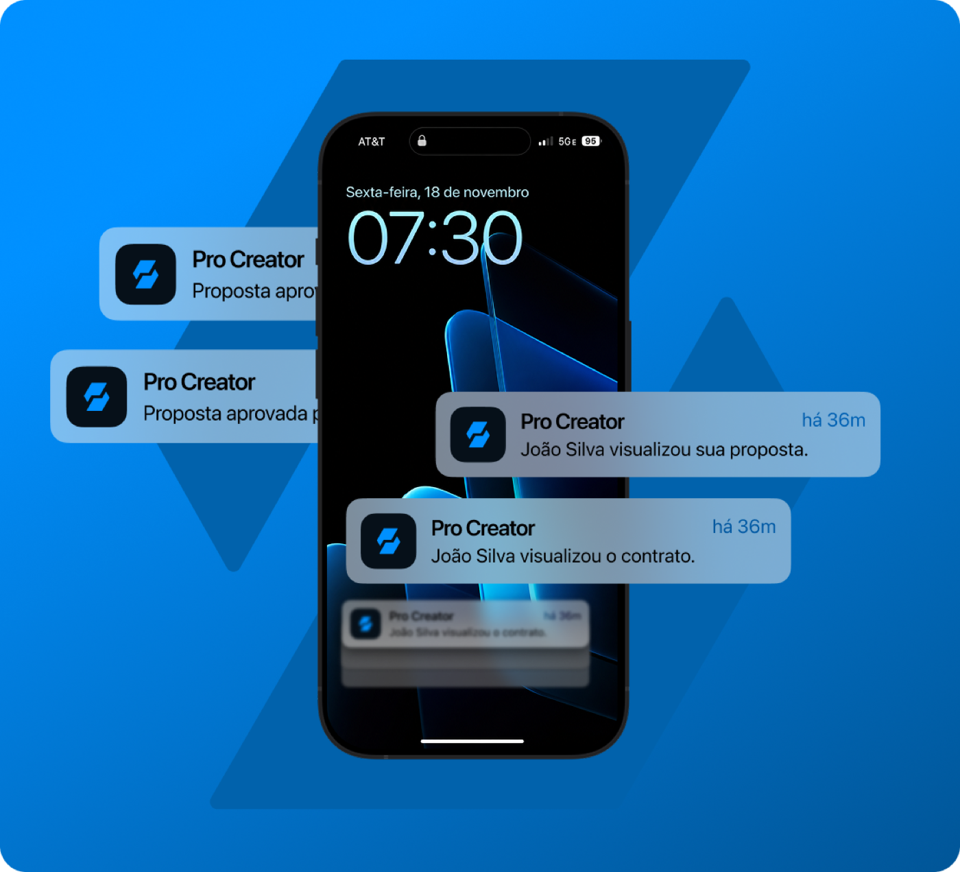 Proposta comercial visualizada no celular com notificações Pro Creator
