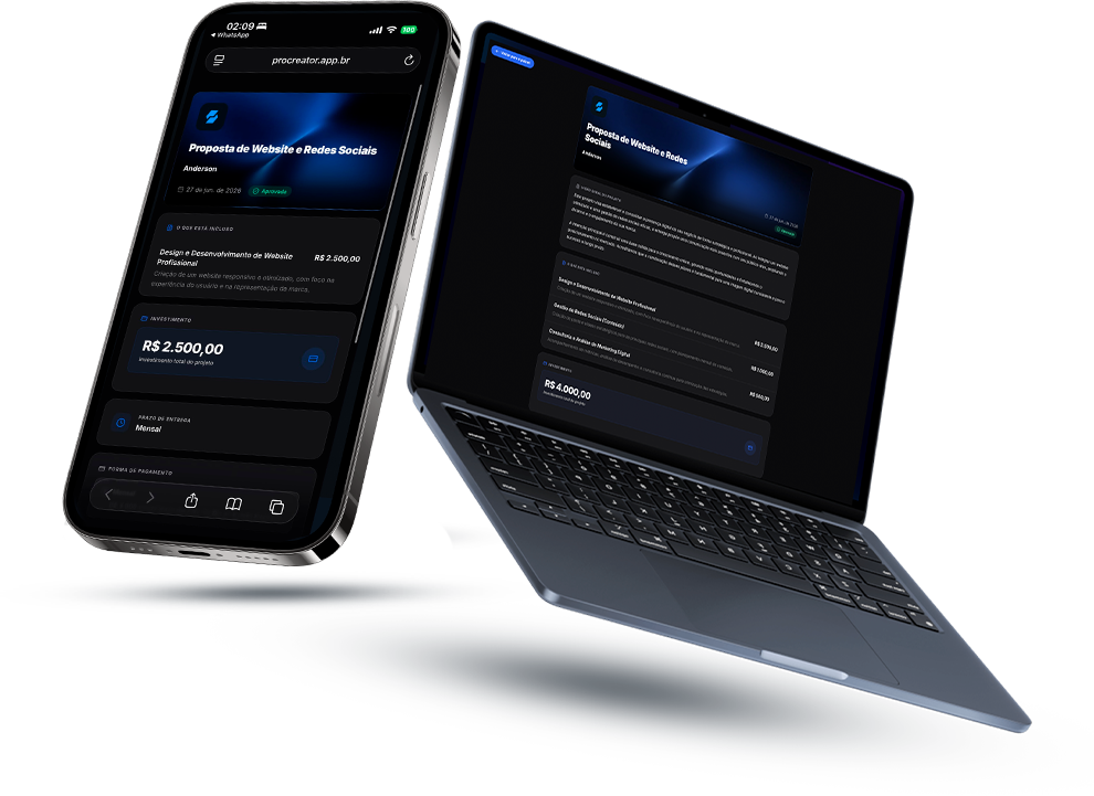 Proposta comercial visualizada no Mac e iPhone via Pro Creator