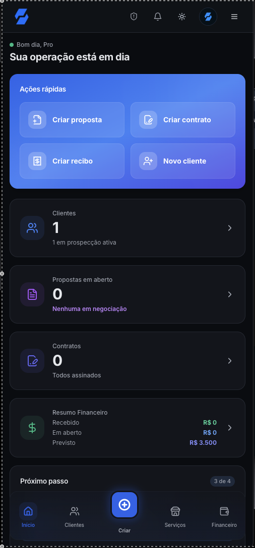 Pro Creator — Dashboard no celular, tema escuro